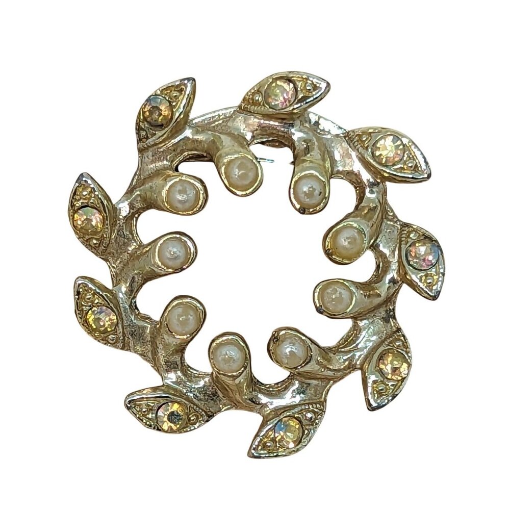 Vintage Gold-Tone Leaf Wreath Pin With Faux Pearls & Rhinestones
